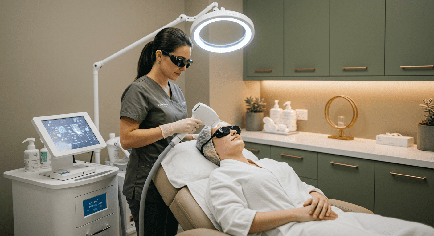 a laser technician in gray scrubs performs an advanced laser skin treatment on a client wearing protective eyewear in a sleek modern clinic