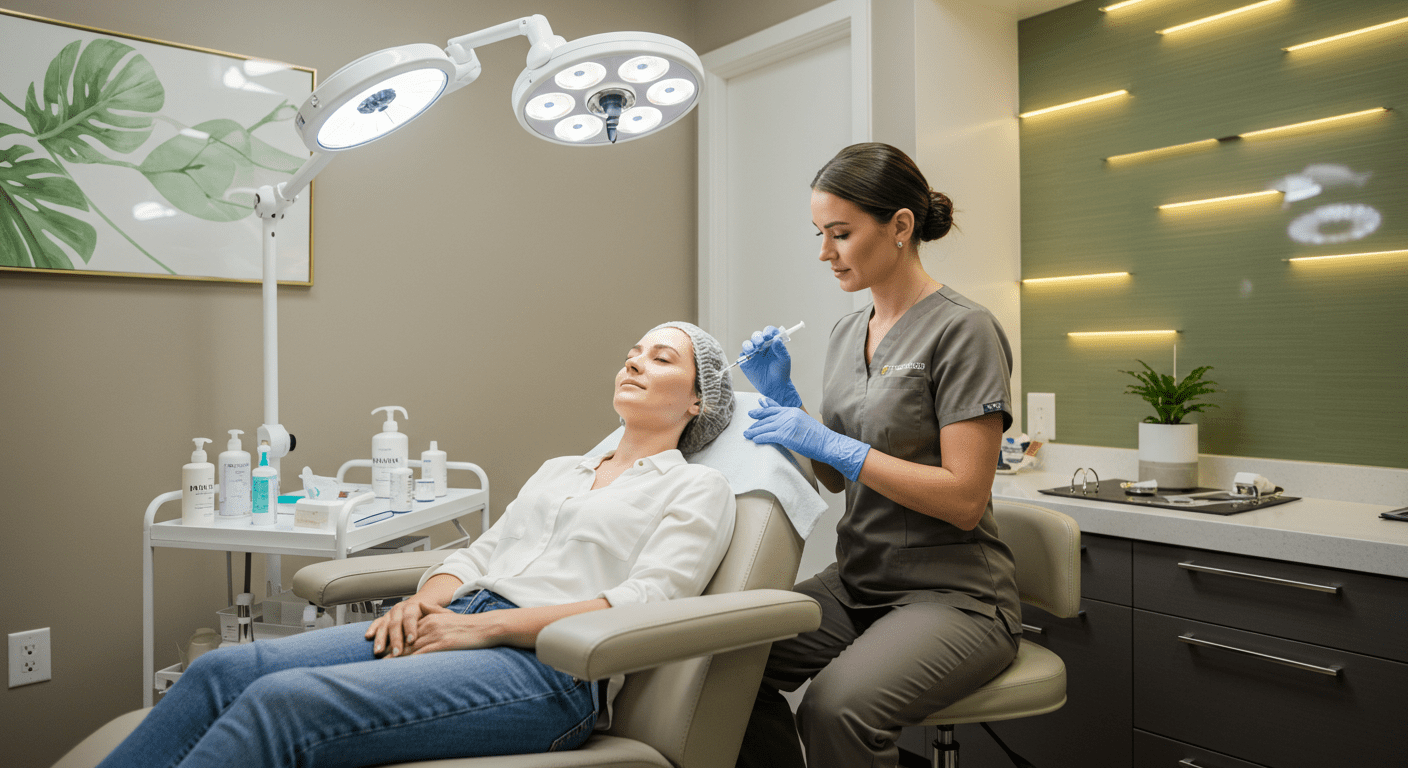 a skincare specialist in gray scrubs administers an injection to a client in a bright modern medspa clinic