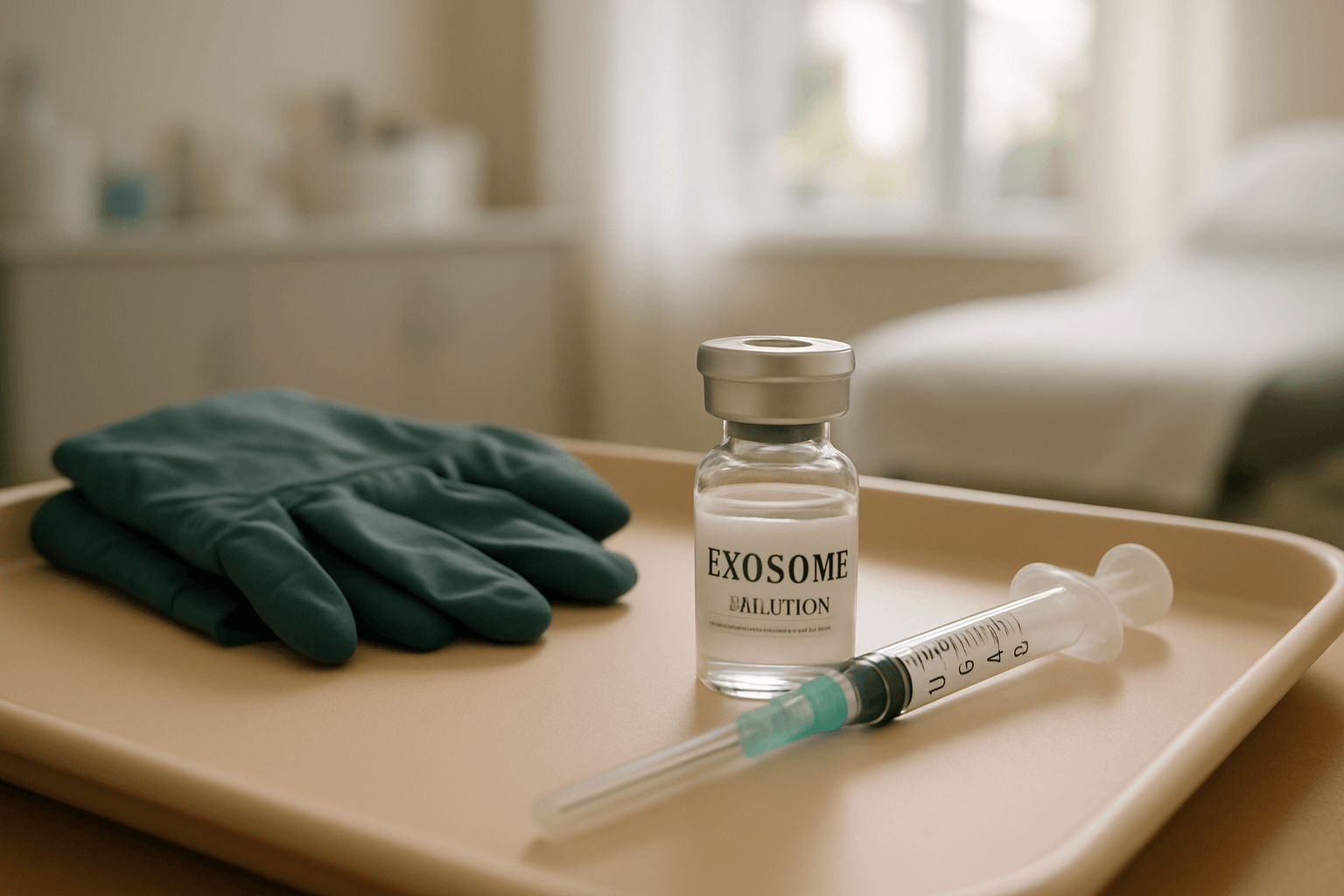 exosome dilution vial, syringe, and gloves on a clinic tray for advanced skincare treatment