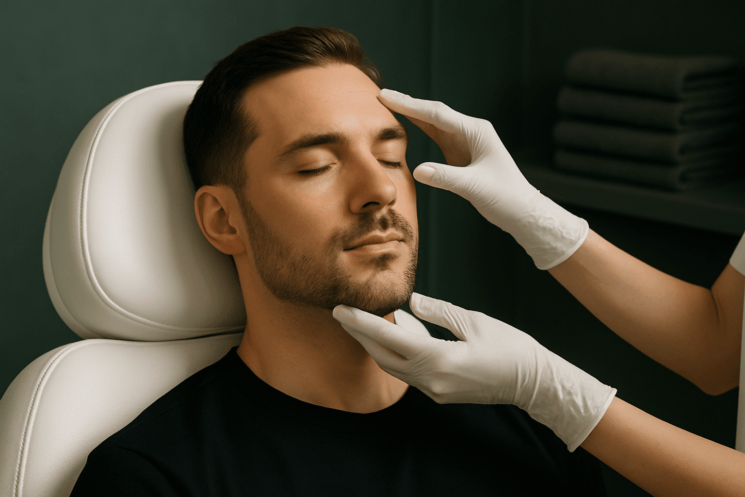 man relaxing during a medspa facial consultation with gloved hands examining his face