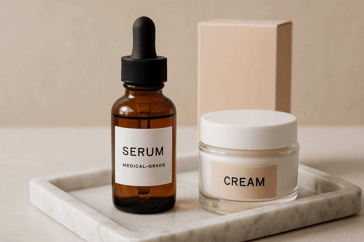 medical-grade serum and cream on a marble tray for advanced skincare