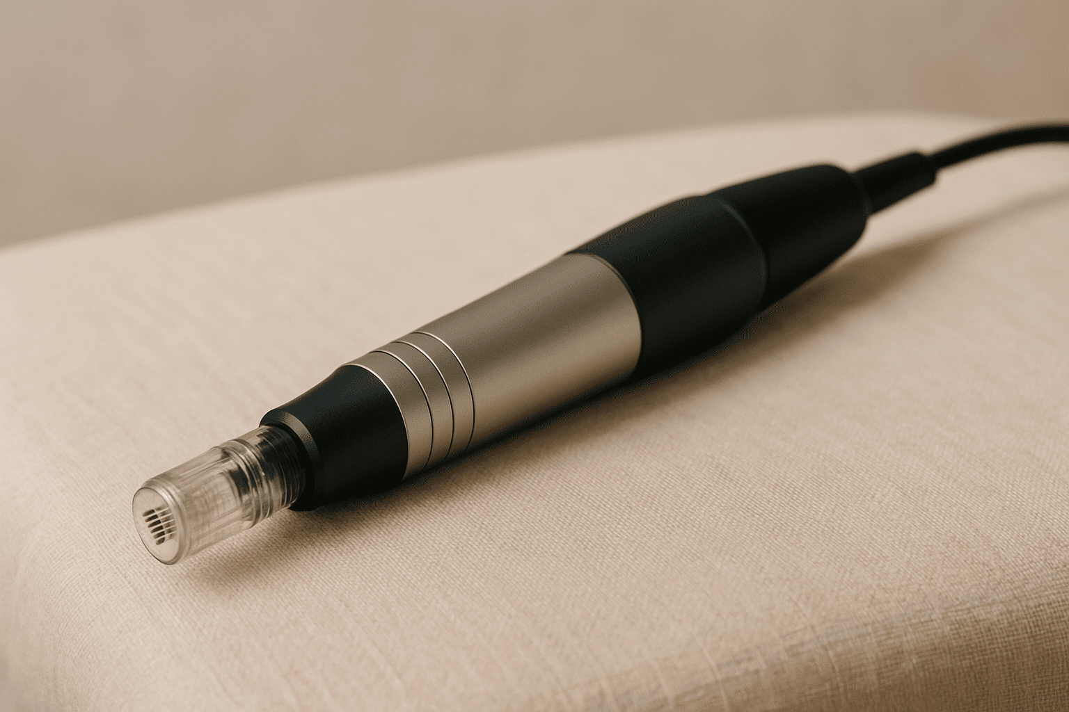 professional microneedling device on a spa bed, ready for facial treatment