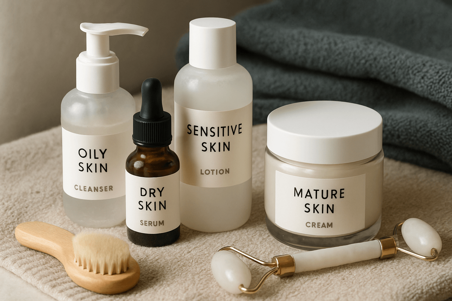 collection of skincare products labeled for different skin types on a towel