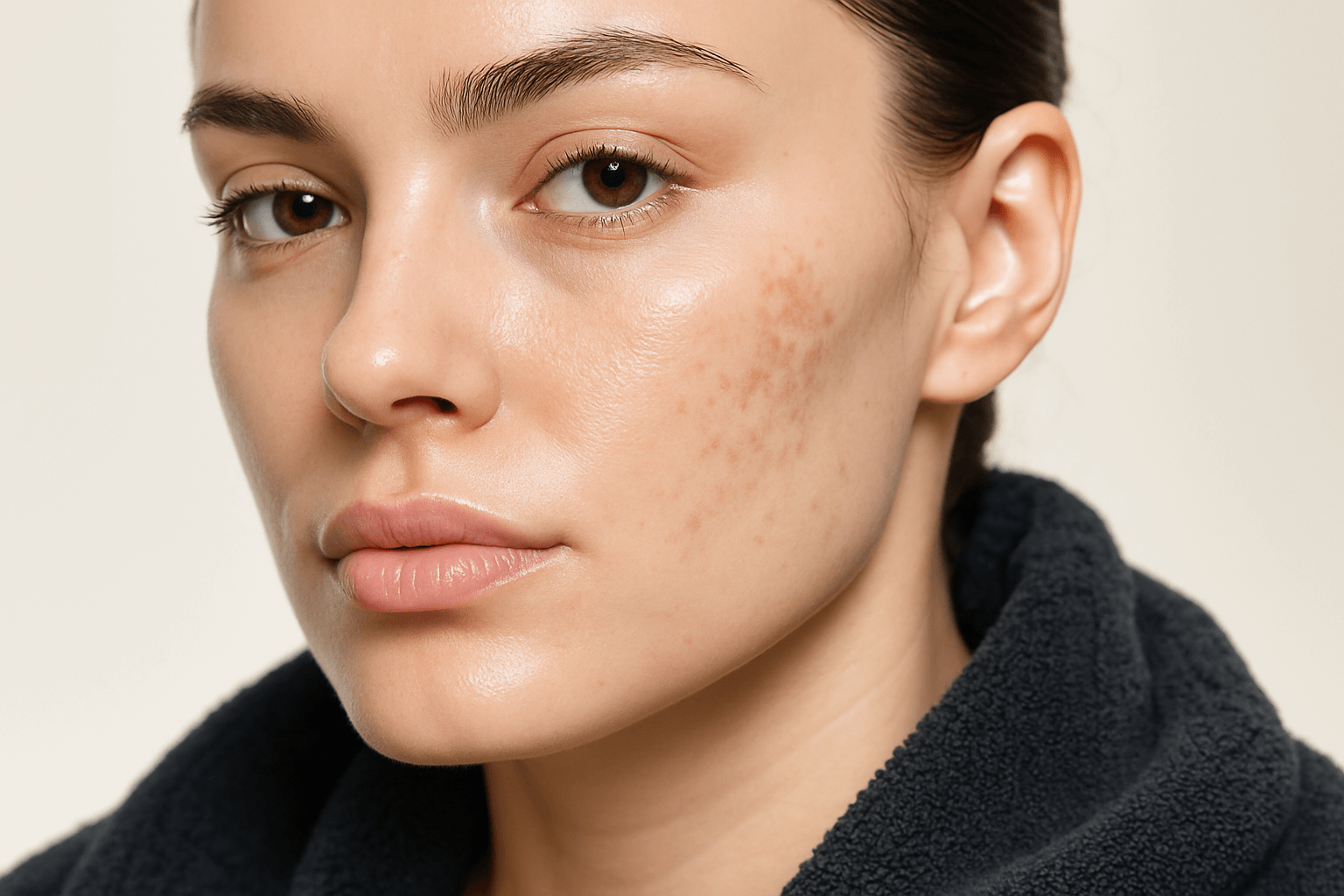 woman’s face showing natural skin texture and pigmentation spots before medspa treatment