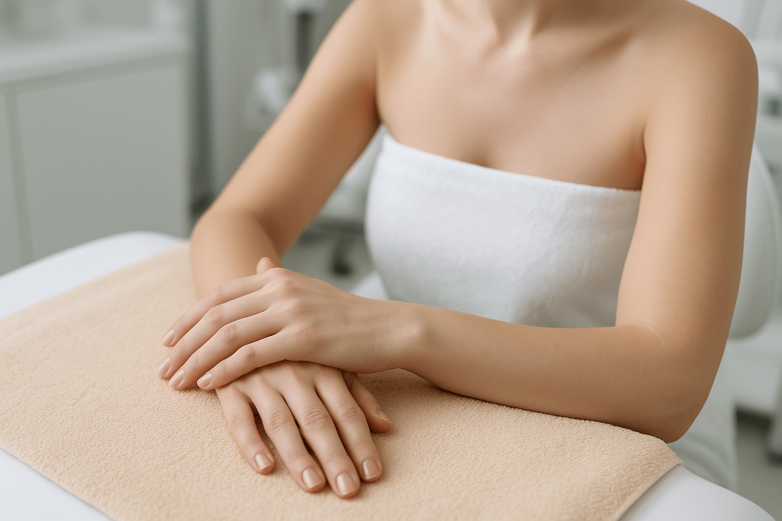 woman’s hands resting on a spa towel during a medspa manicure treatment