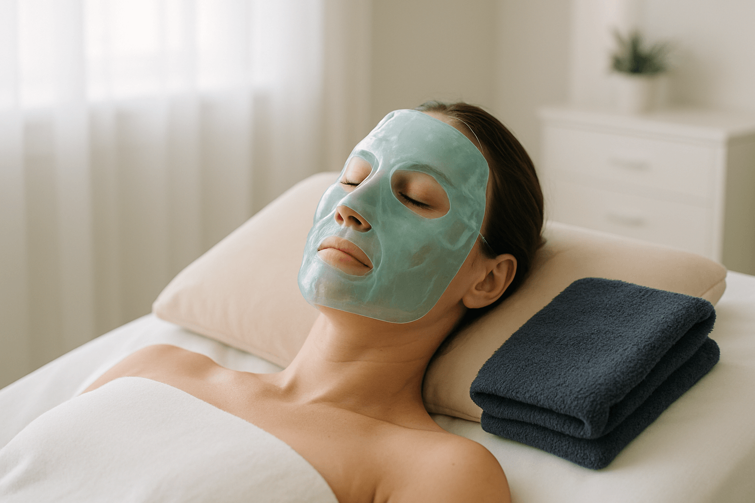 woman relaxing with a hydrogel face mask during a spa facial treatment