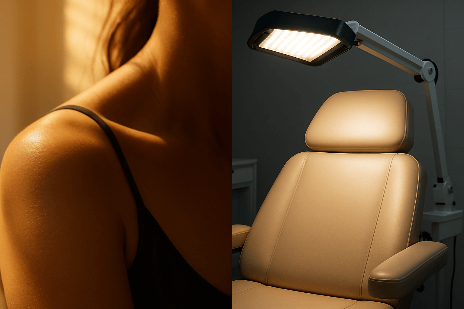 split image of a woman’s shoulder and an led light therapy chair in a