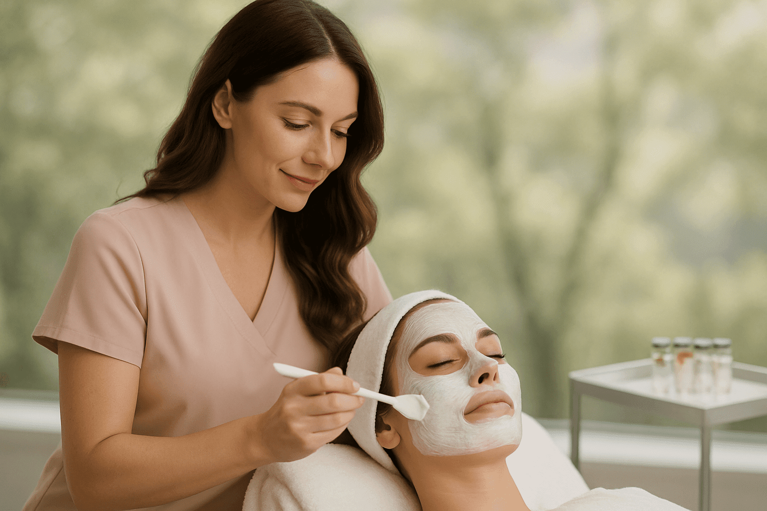 2025 10 genesis medspacom img clay facial mask application v1  genesis medspa - an esthetician applying a white clay facial mask to a client at genesis medspa.