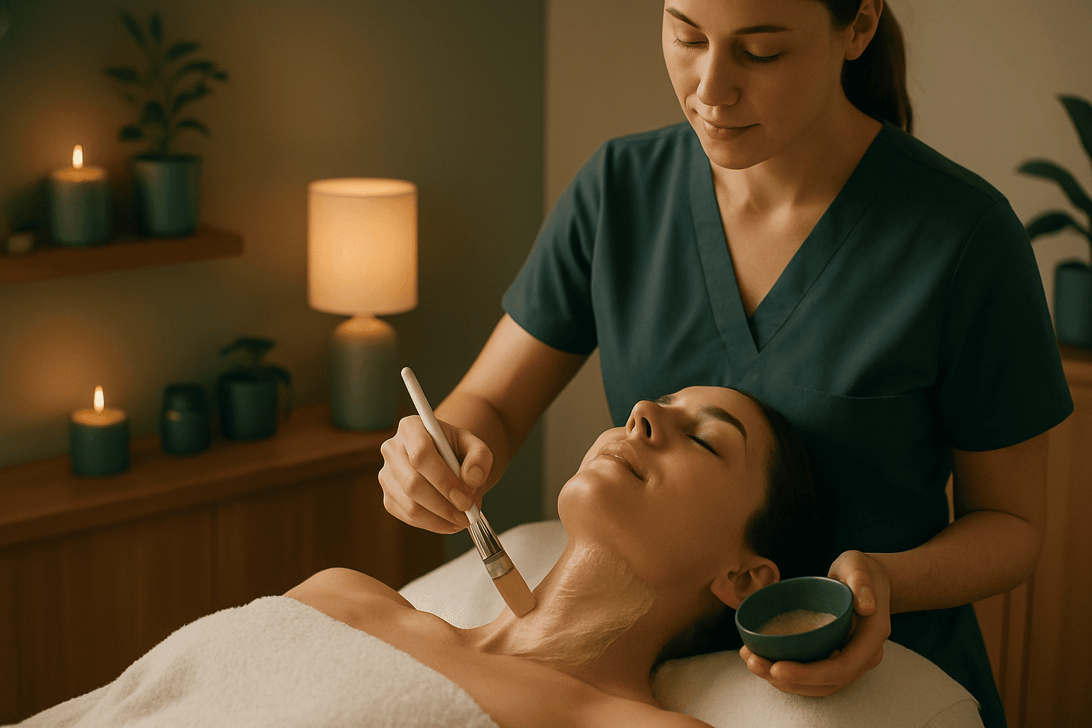 an esthetician applying a facial mask with a brush to a woman’s neck and chest.