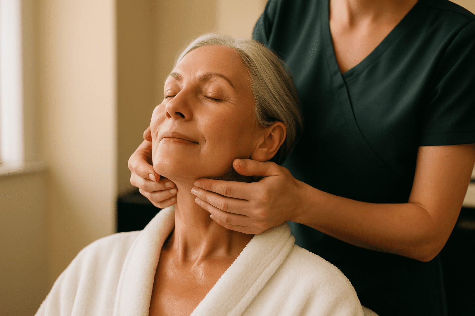 2025 10 genesis medspacom img facial massage mature client v1  genesis medspa - a spa professional giving a relaxing facial massage to an older woman at genesis medspa.