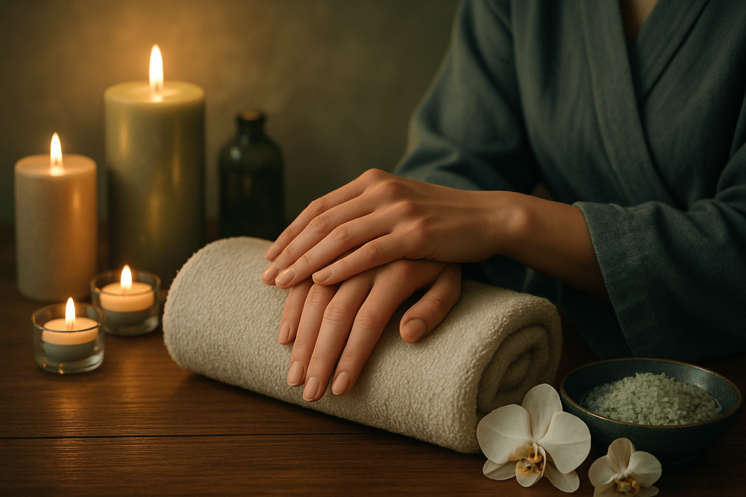 hands resting on a rolled towel with candles and orchids in a spa setting.