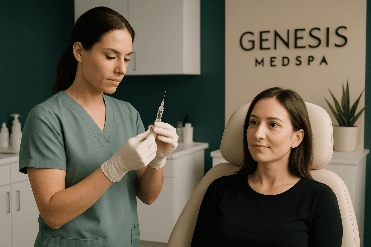 a medical professional preparing an injectable treatment while a client sits ready at genesis medspa.