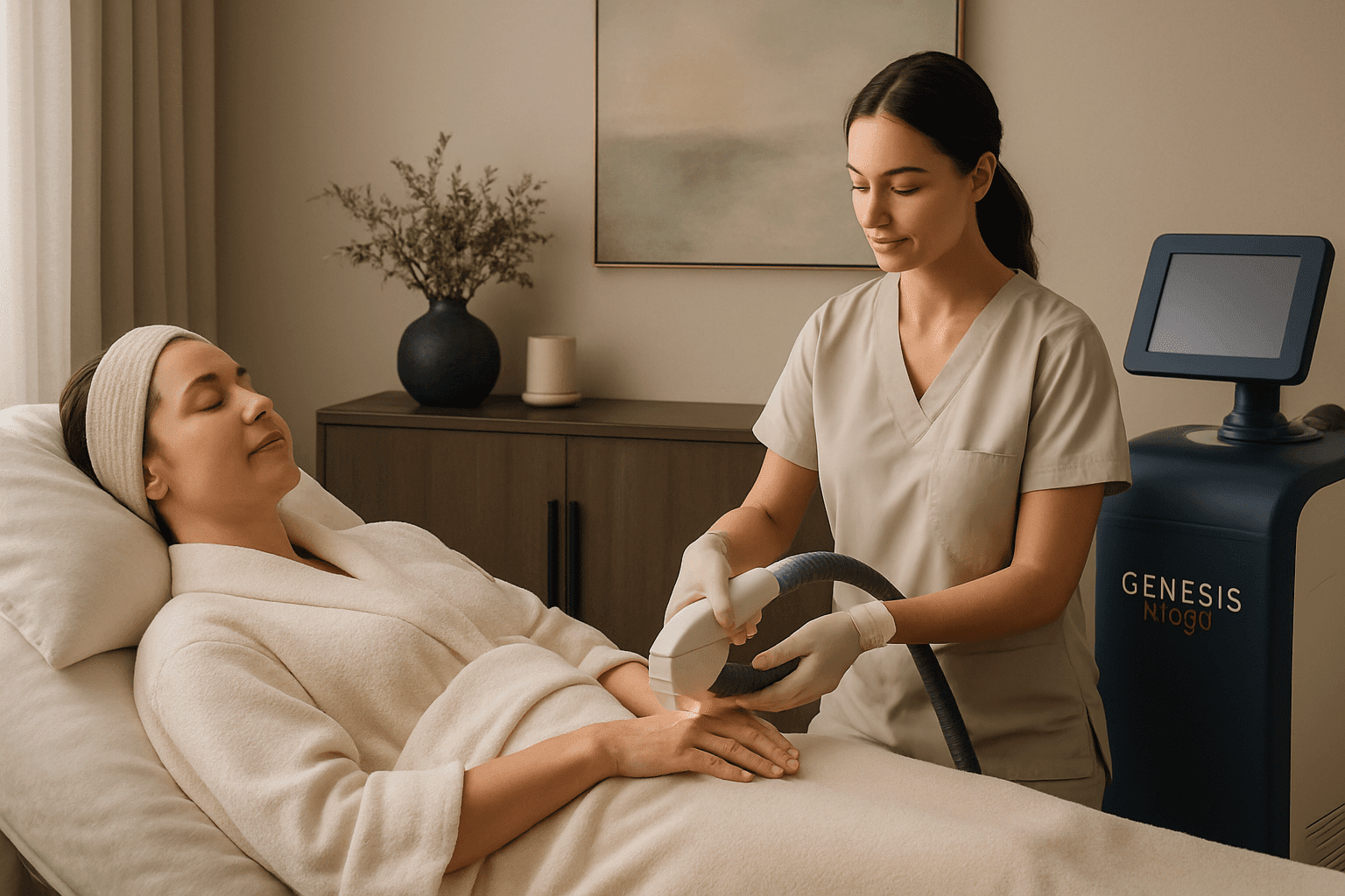 a woman receiving a laser hand treatment at genesis medspa.