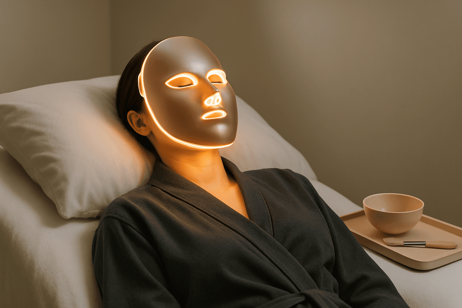 a woman wearing an illuminated led light therapy mask during treatment.