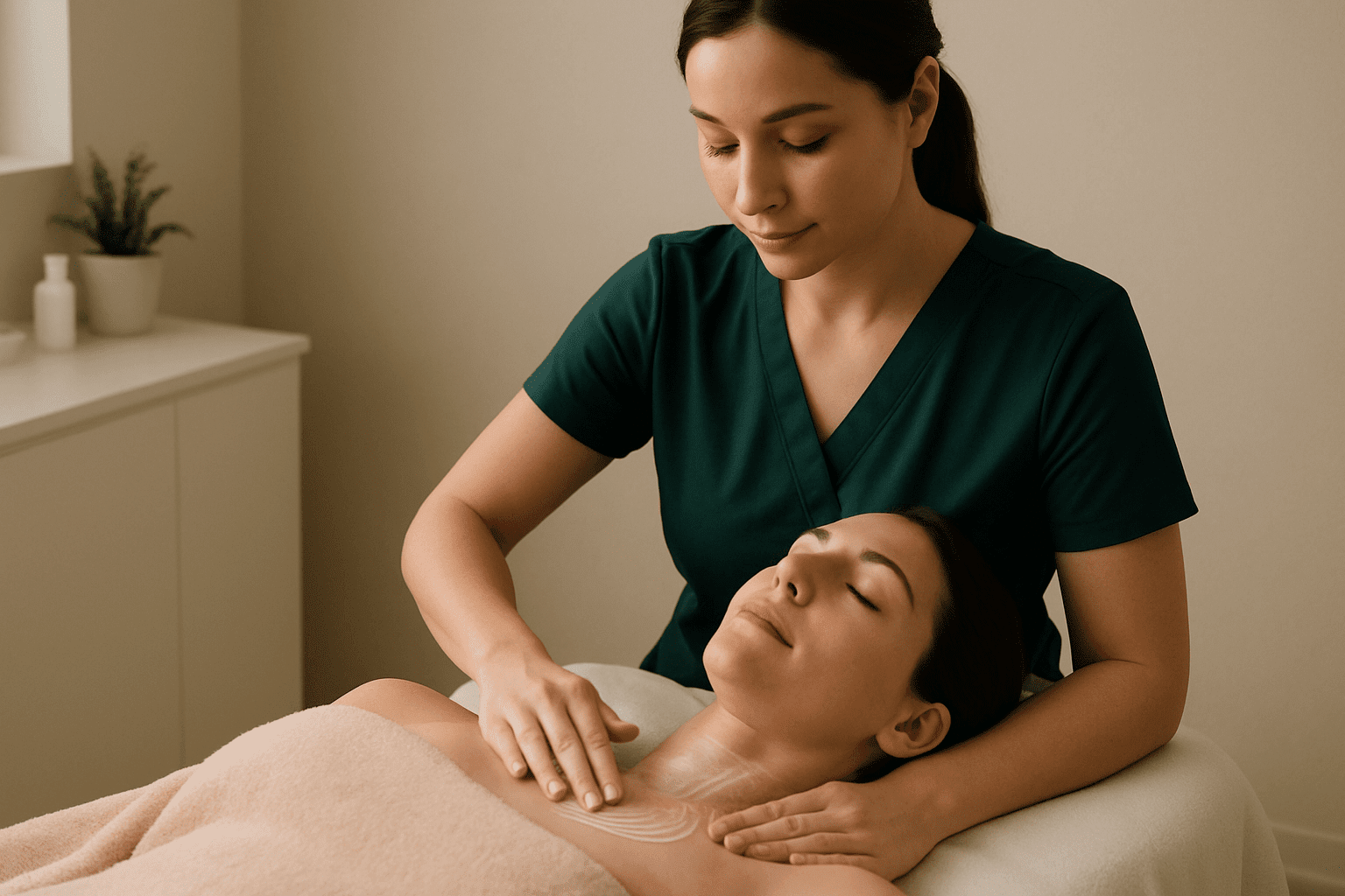 2025 10 genesis medspacom img neck chest treatment v1  genesis medspa - an esthetician applying a treatment to a woman’s neck and chest at genesis medspa.