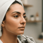 Aesthetician marking a client’s jawline and chin with a white pencil before a cosmetic contouring treatment.