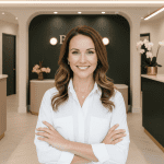 Smiling professional standing confidently at the reception area of Genesis Medspa.