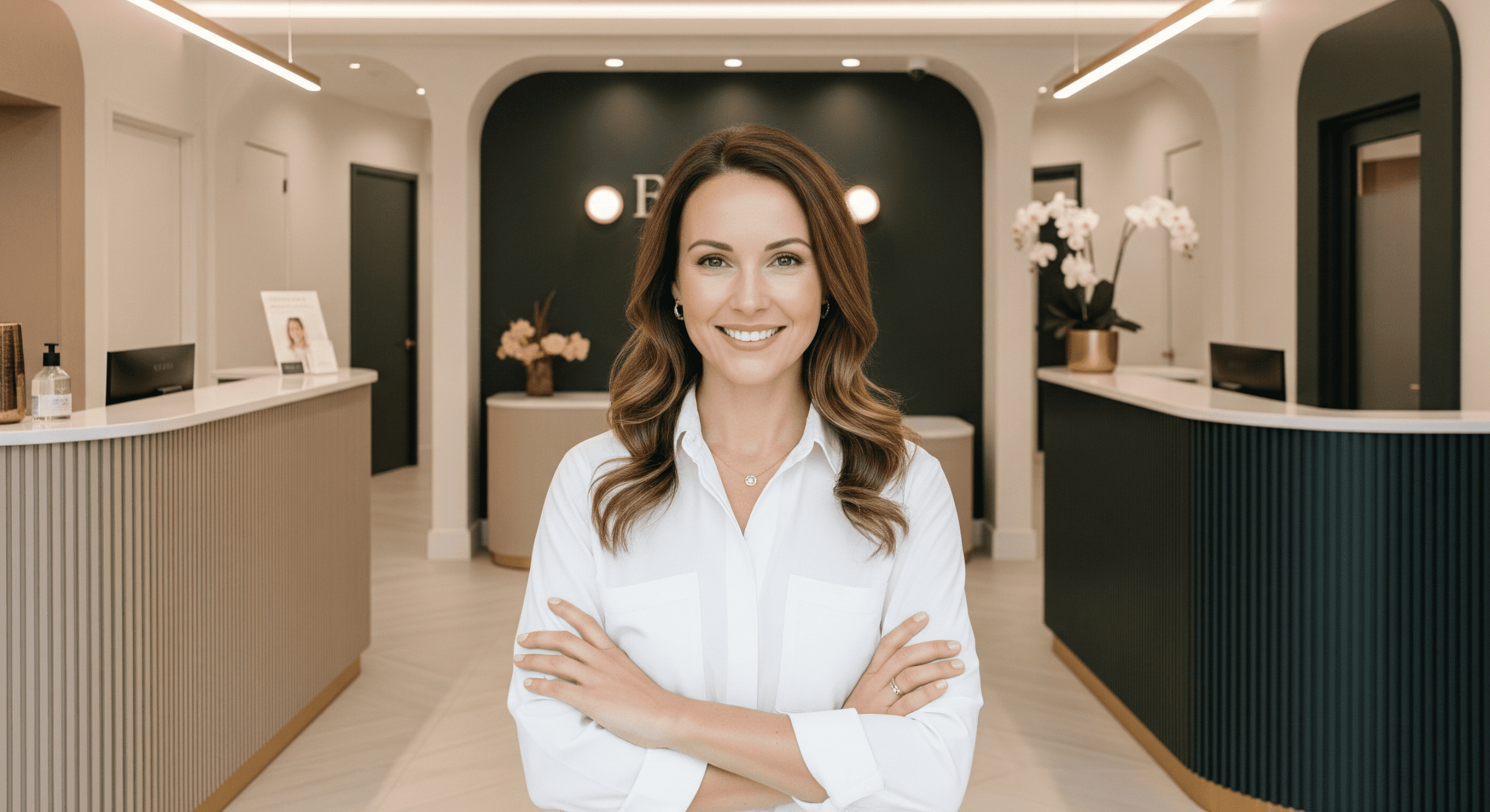 2025 11 genesis medspacom img front desk team portrait v1 genesis medspa - smiling professional standing confidently at the reception area of genesis medspa.