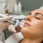 Esthetician using a Hydrafacial device on a client’s face for deep cleansing and hydration.
