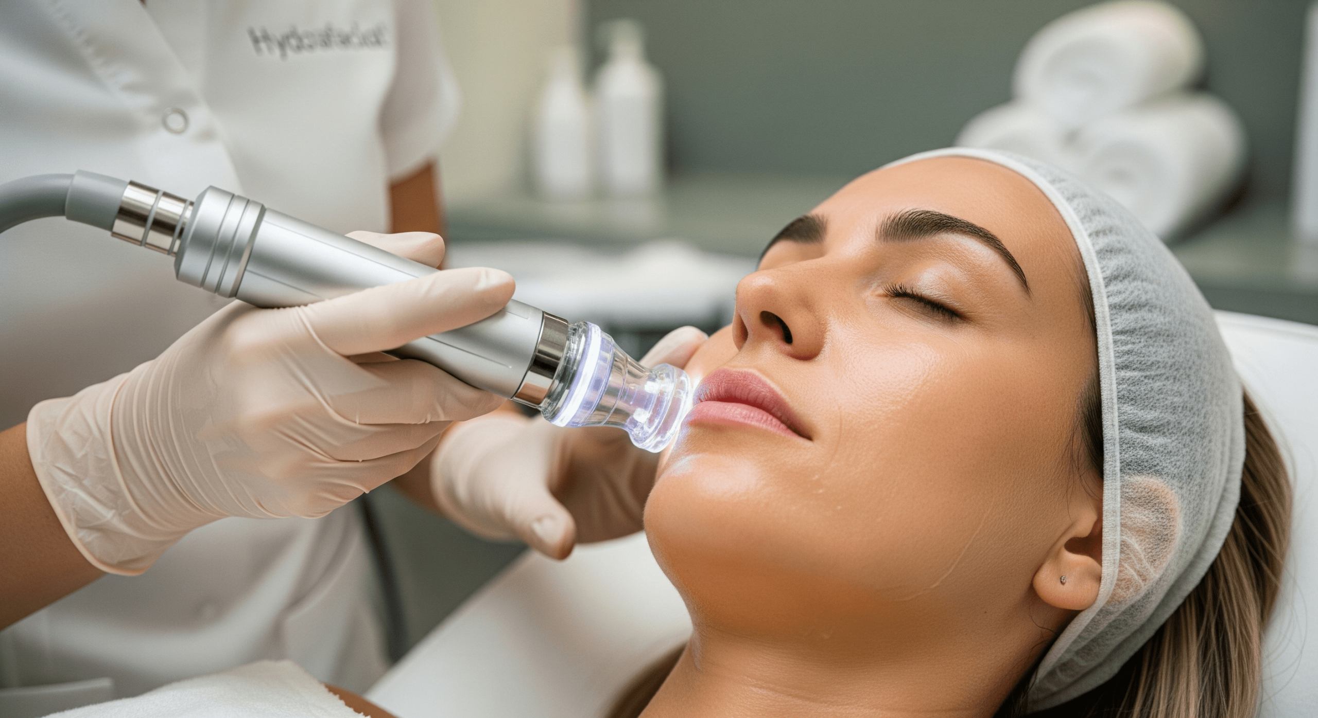 2025 11 genesis medspacom img hydrafacial treatment v1 genesis medspa - esthetician using a hydrafacial device on a client’s face for deep cleansing and hydration.