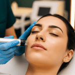 Aesthetician performing a microneedling facial treatment on a client’s cheek using a precision handheld device.