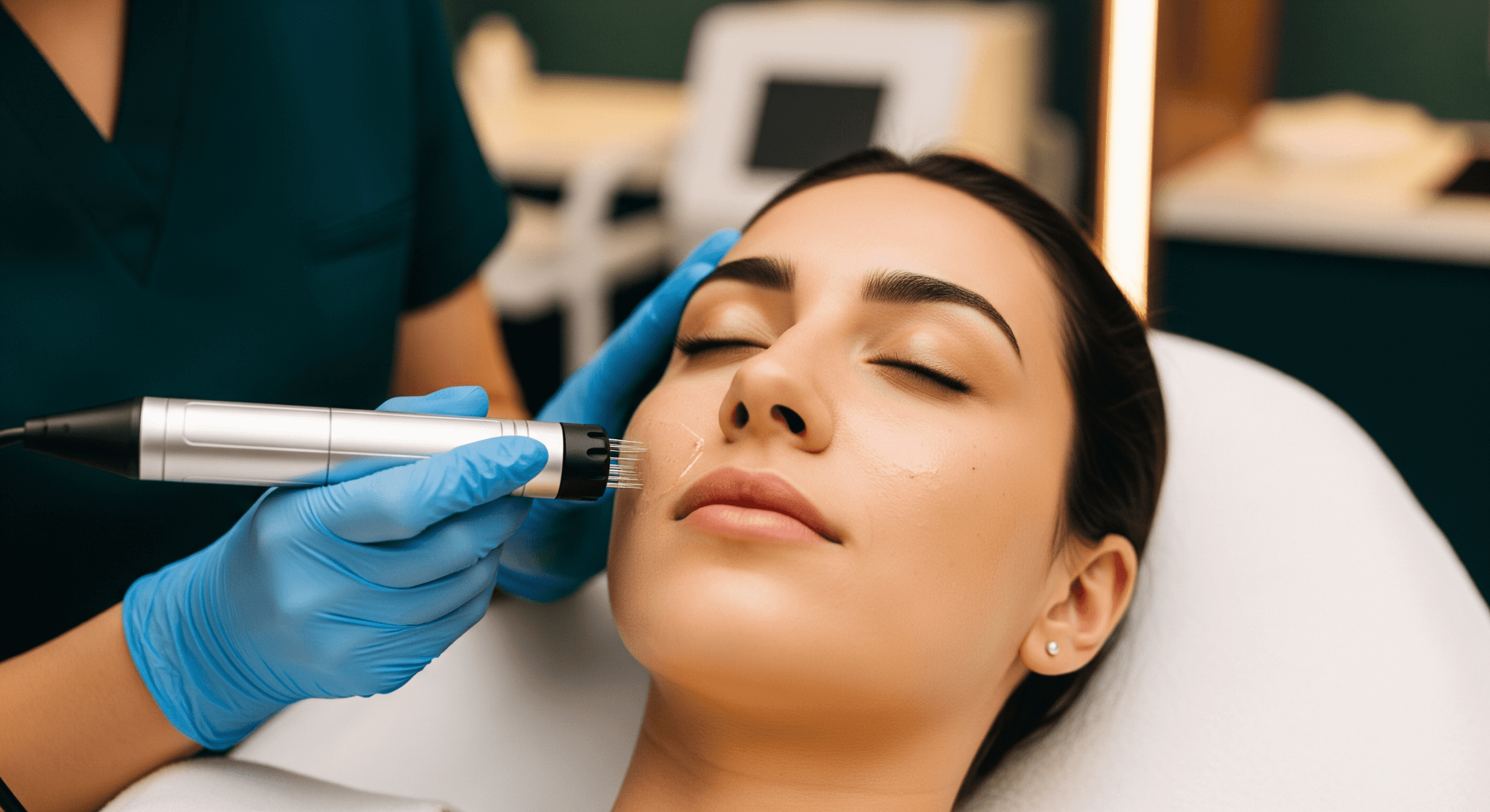 2025 11 genesis medspacom img microneedling facial treatment v1 genesis medspa - aesthetician performing a microneedling facial treatment on a client’s cheek using a precision handheld device.