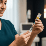 Nurse preparing a syringe with a vitamin or nutrient injection in a modern medspa environment.