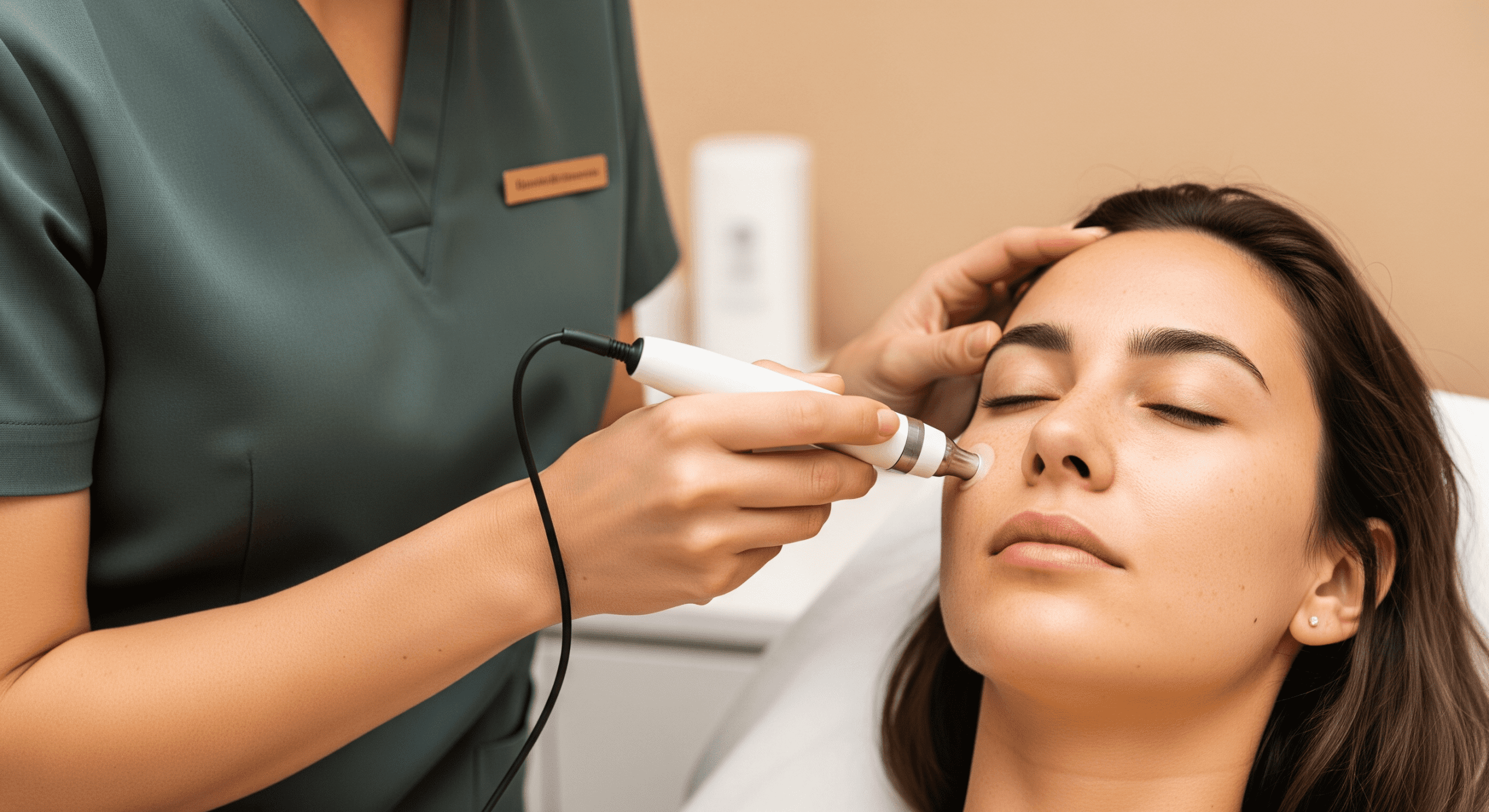 aesthetic provider performing a facial treatment using a handheld skincare device.