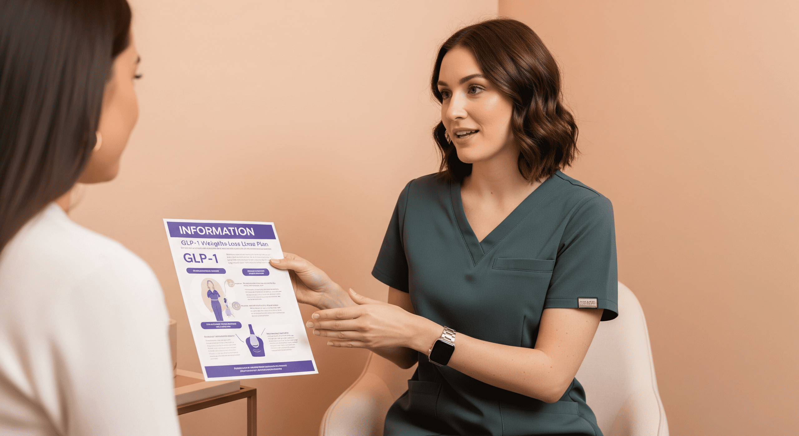med spa provider explaining a glp-1 weight loss information sheet to a client.