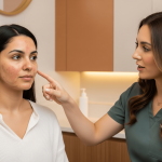 Medical spa provider evaluating facial skin condition during aesthetic consultation