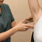 Medical spa provider assessing underarm area during body contouring consultation