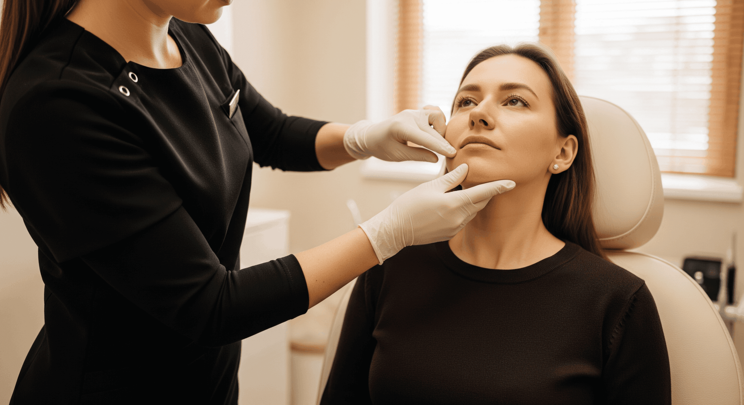 aesthetic provider performing a professional facial assessment on a client