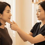 Aesthetic specialist assessing jawline and chin during med spa consultation
