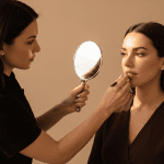 Medical spa provider assessing lips with mirror during aesthetic consultation