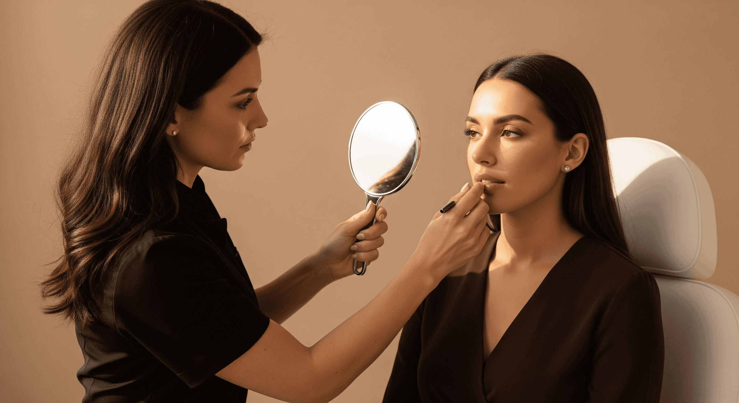 medical spa provider assessing lips with mirror during aesthetic consultation