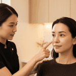 Med spa provider evaluating skin concerns on client’s face