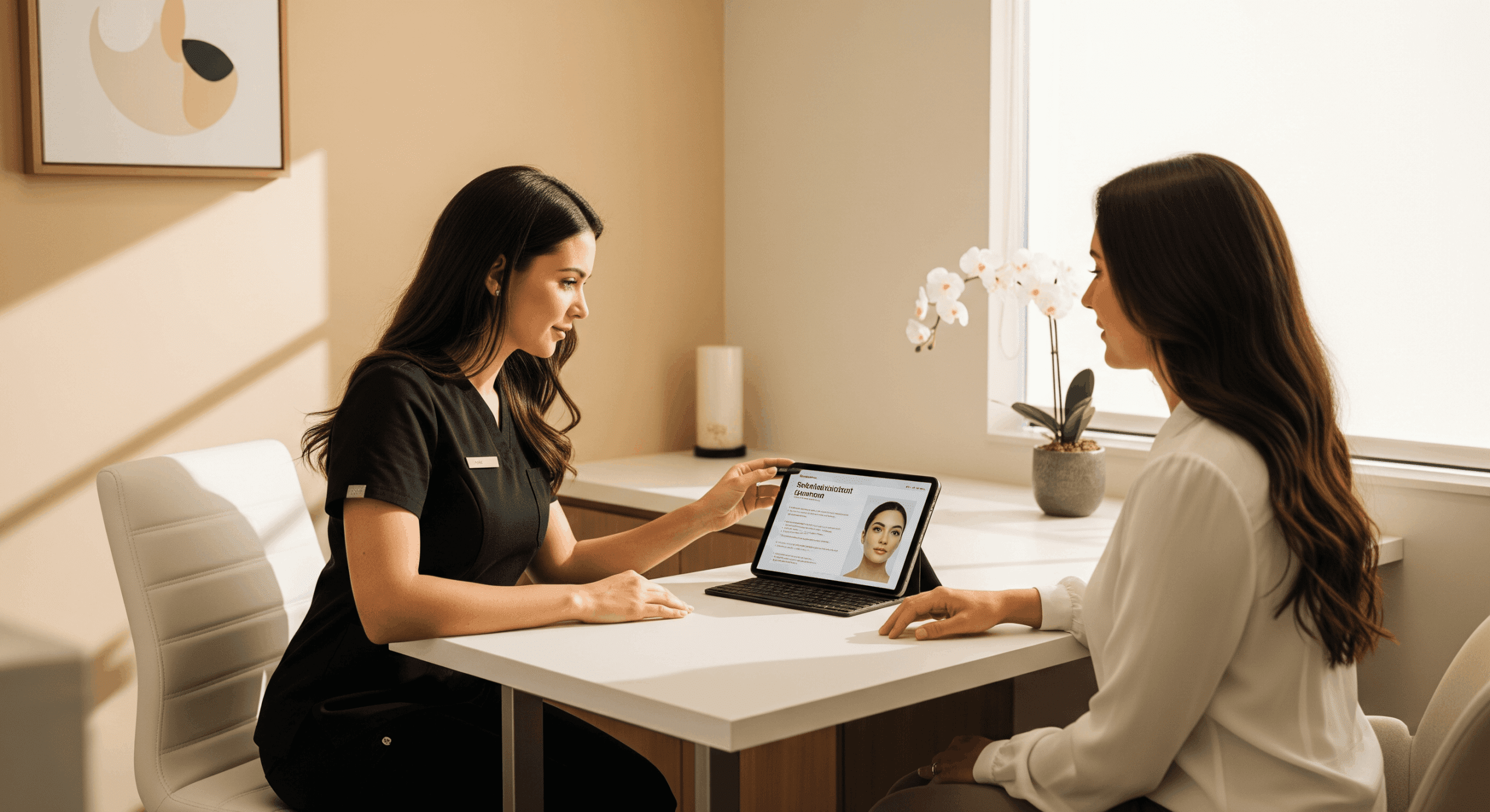medical spa provider reviewing treatment information on a tablet with a client