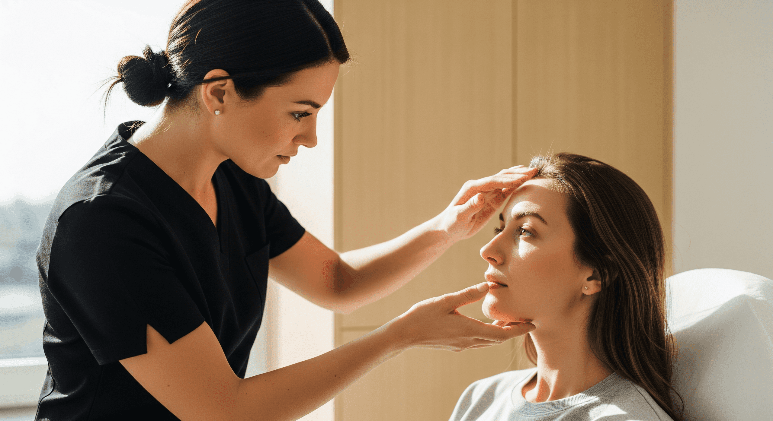 medical spa provider assessing a client’s face during a cosmetic consultation