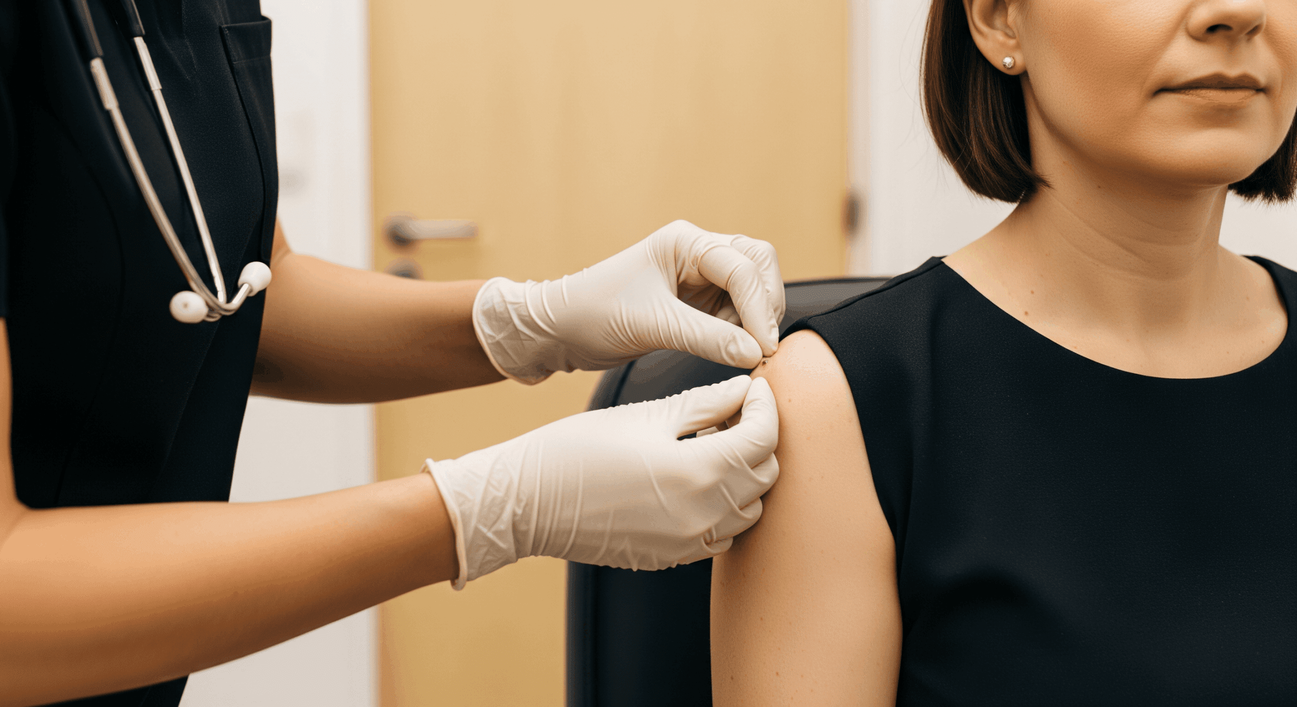 medical professional preparing a cosmetic injectable treatment on a client’s shoulder