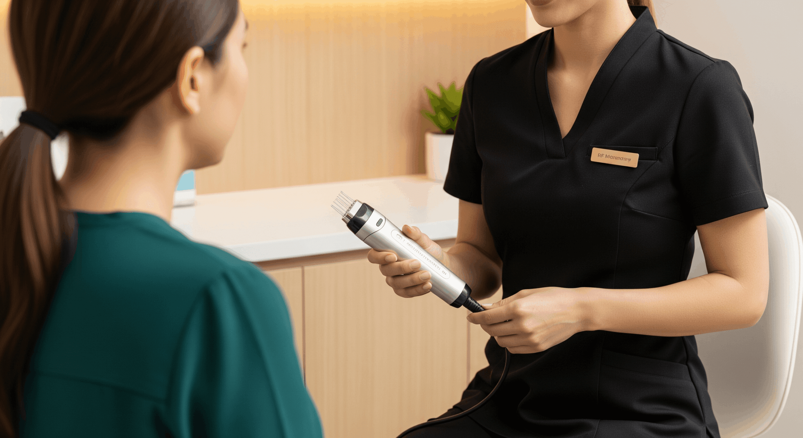 medical spa provider showing a microneedling device to a client