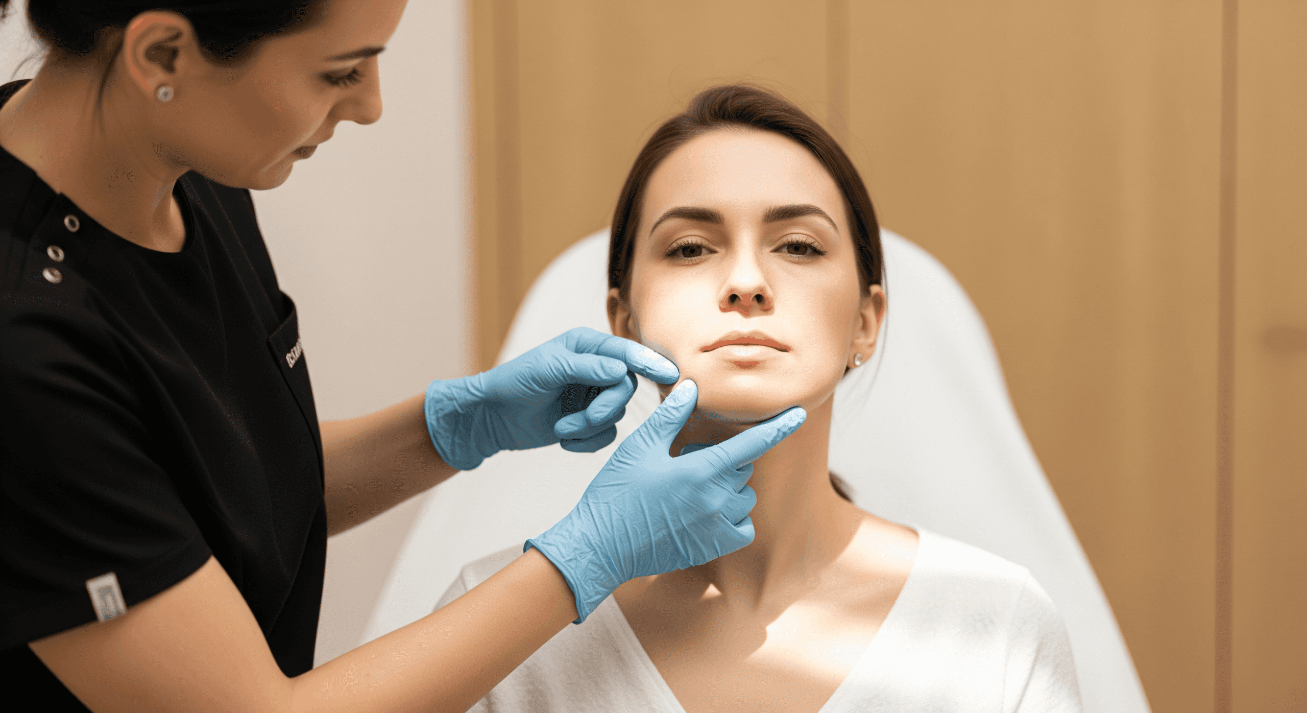 medical spa provider evaluating a client’s facial features before treatment