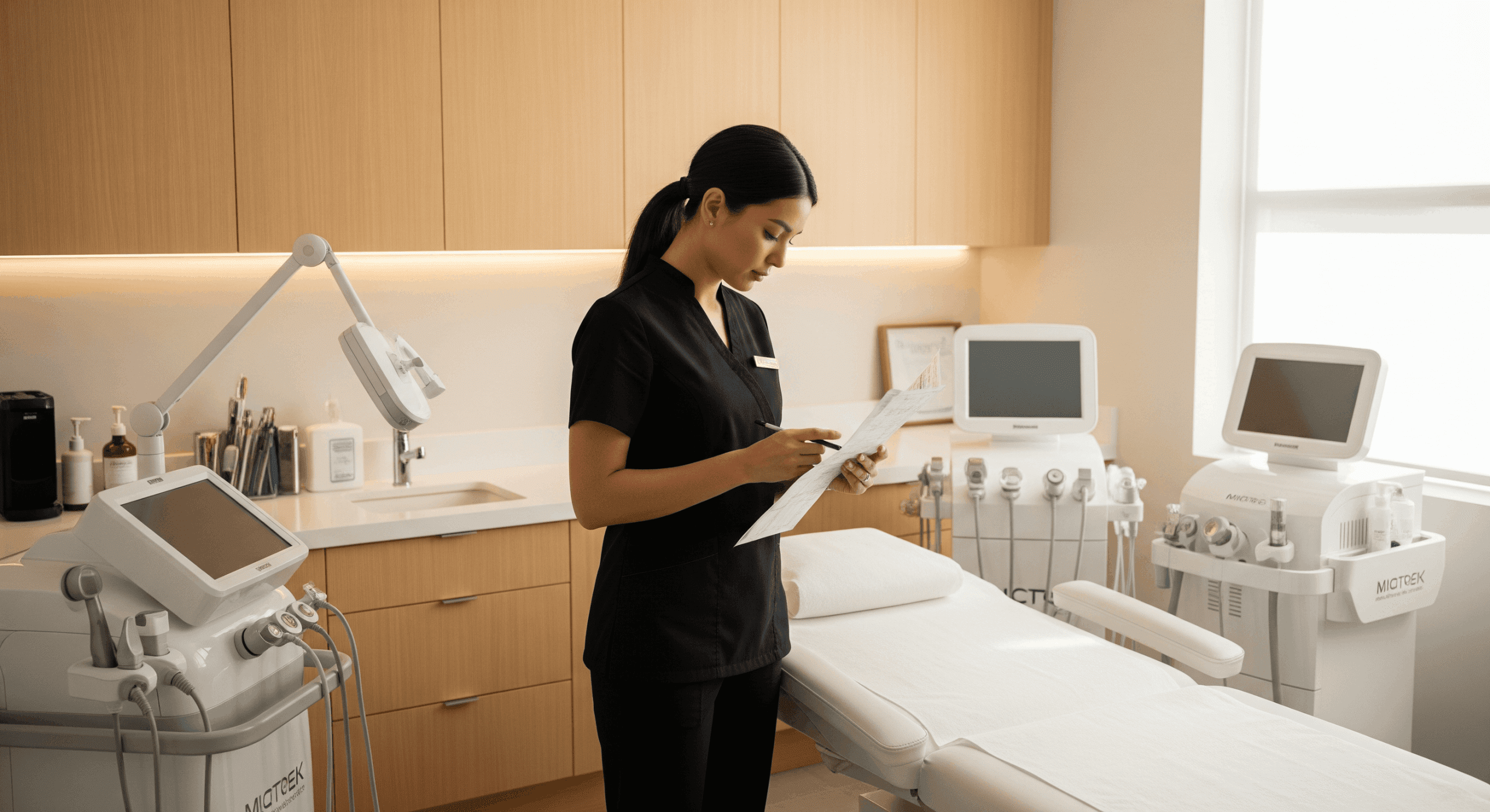medical spa provider reviewing client paperwork in a modern treatment room