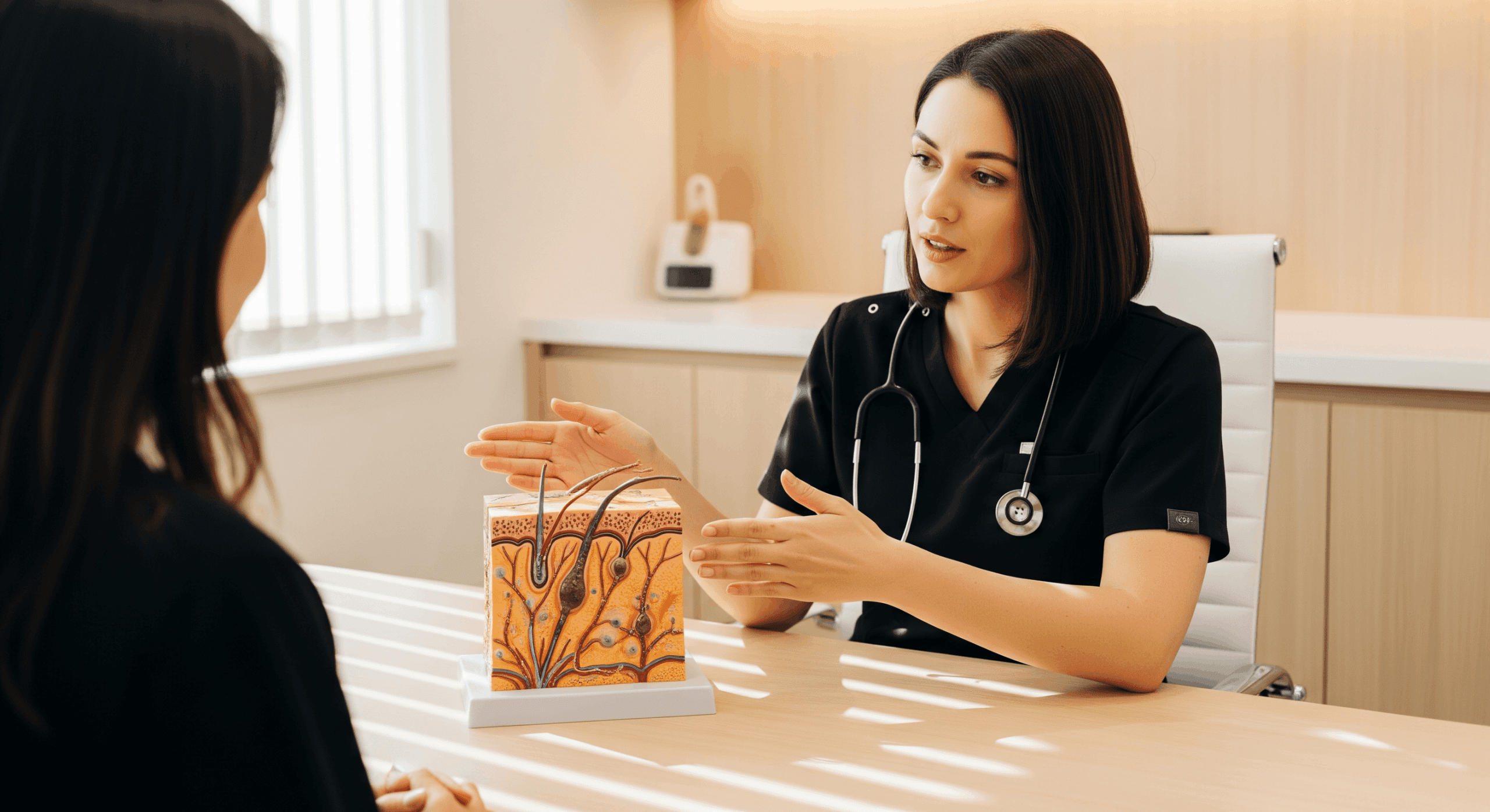 medical spa provider explaining skin structure to a client during a consultation