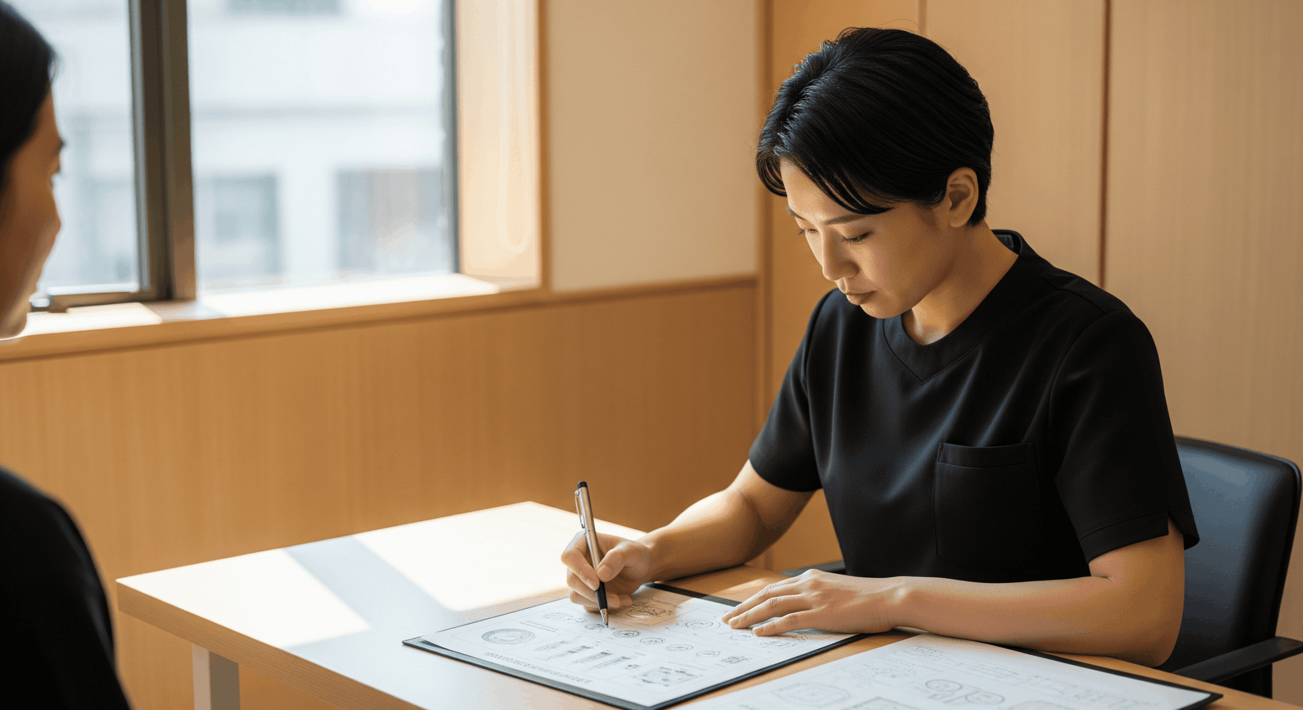 medical spa provider completing treatment planning paperwork with a client