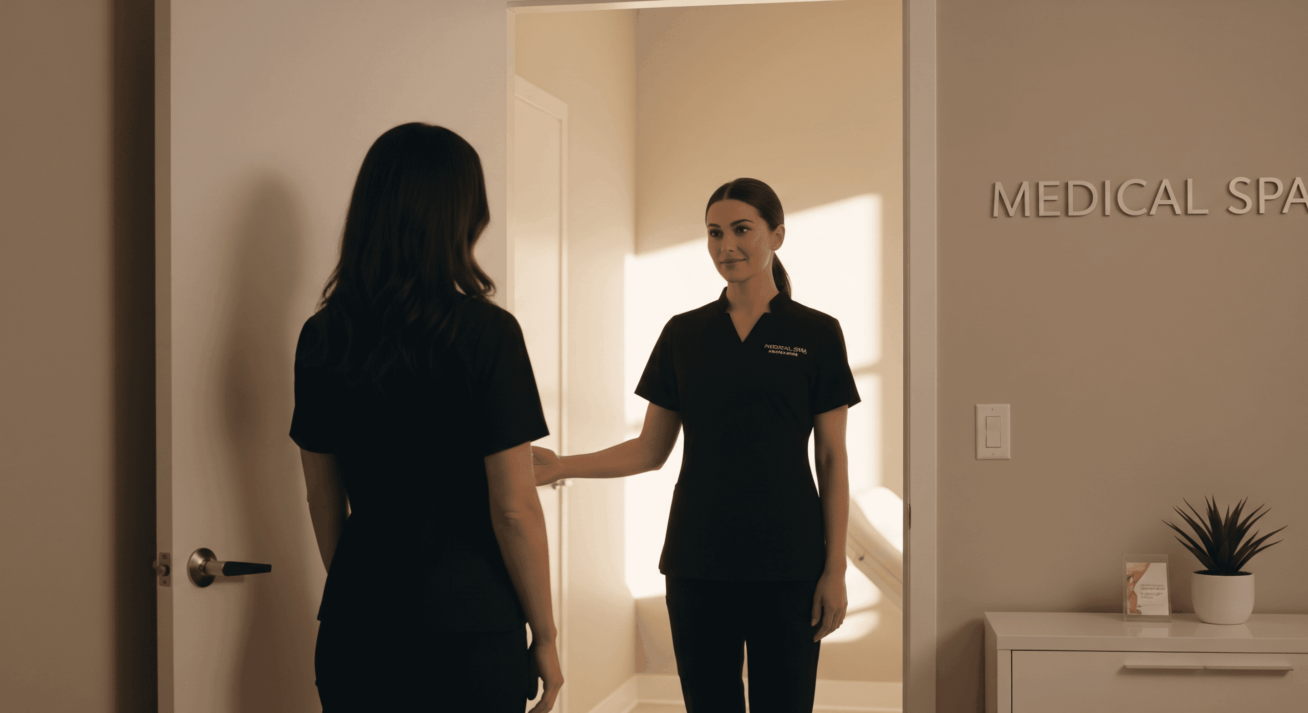 medical spa provider welcoming a client into a private treatment room