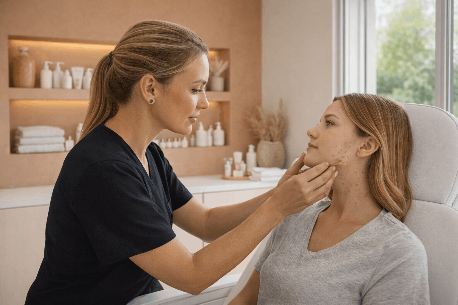 aesthetician examining acne and skin condition of a female client during skincare evaluation.