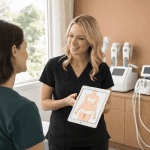 Med spa specialist explaining body contouring treatment options using a tablet.