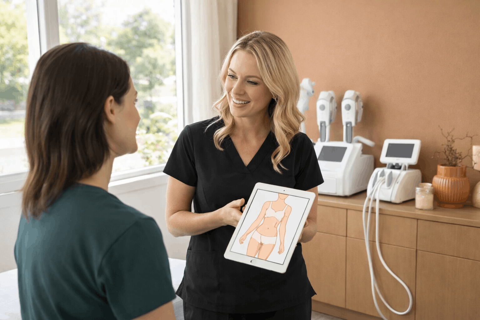 med spa specialist explaining body contouring treatment options using a tablet.