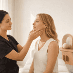 Medical spa aesthetician performing facial skin evaluation during a skincare consultation.