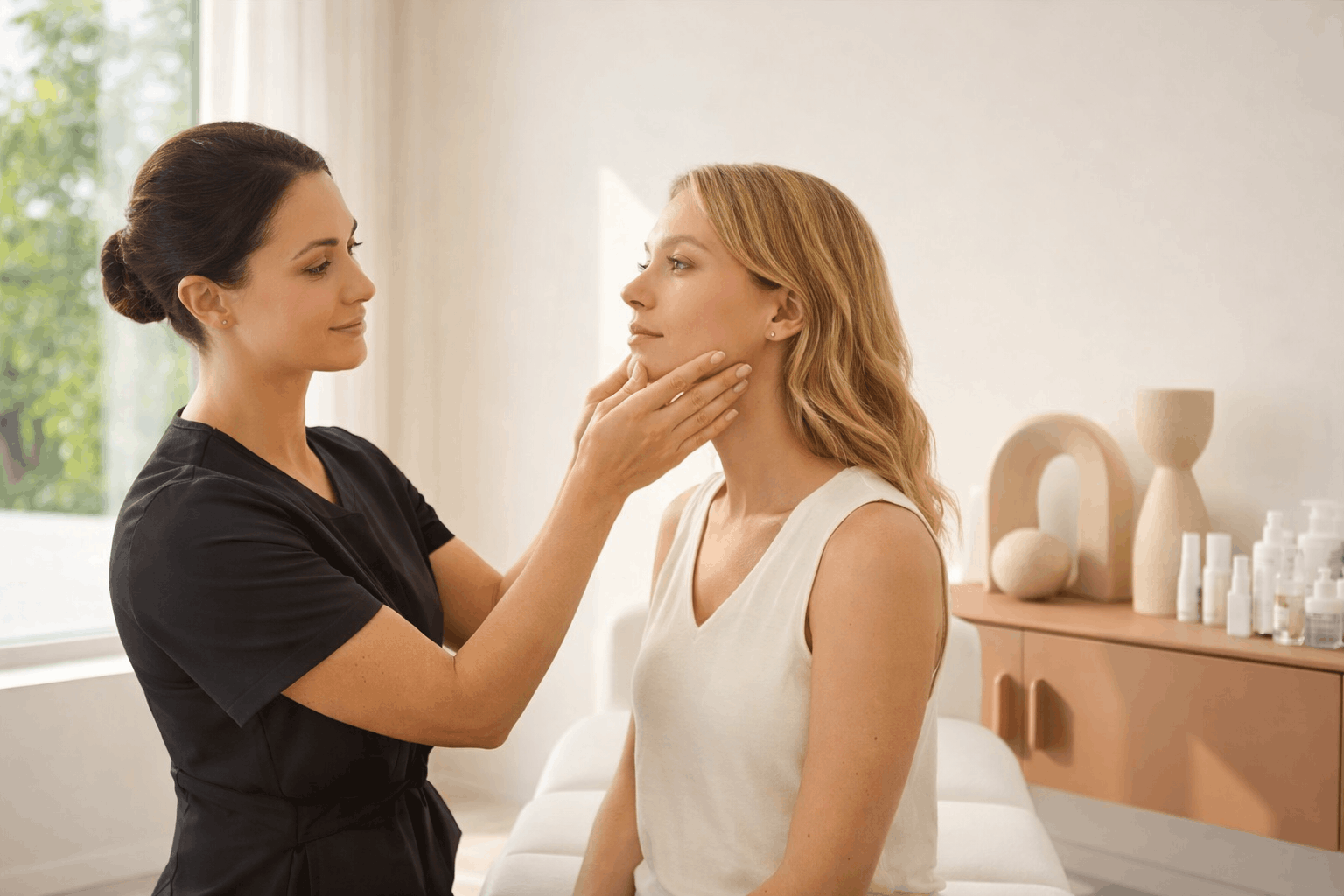 medical spa aesthetician performing facial skin evaluation during a skincare consultation.